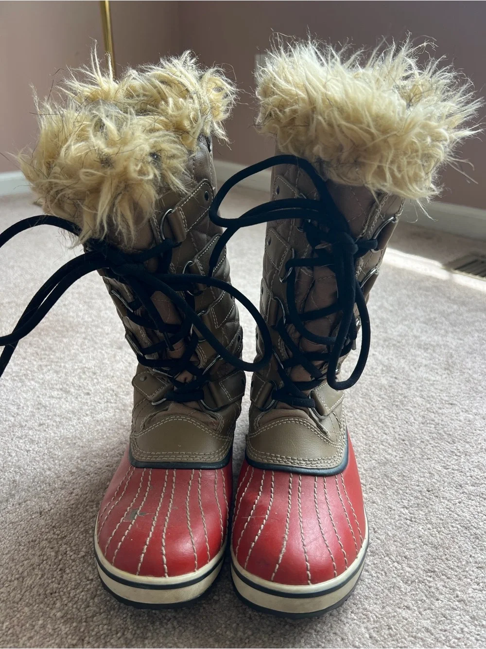 Sorel Red and Tan Quilted Faux-Fur Lace-Up Boots